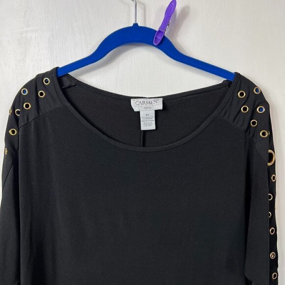 Carmen Marc Valvo black long sleeve top with rivet cutouts.  Size 0X - Picture 4 of 7